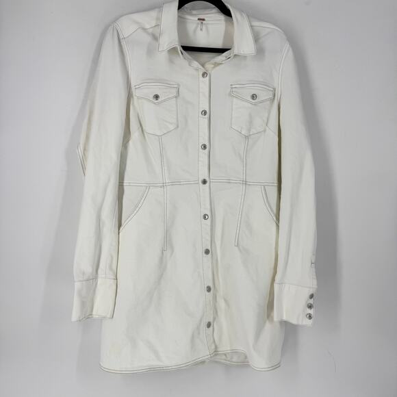 Free People Denim Button Front Long Sleeve Mini Dress in White - Picture 1 of 3